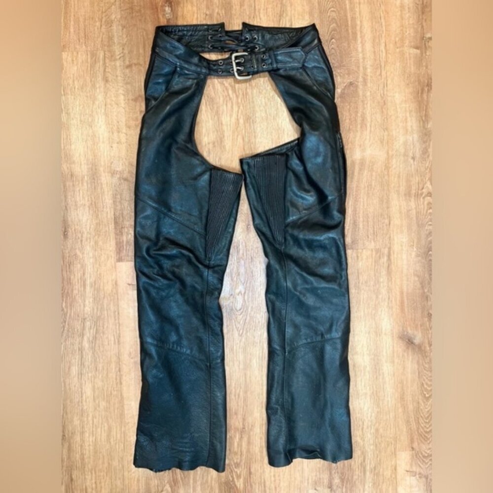 HARLEY-DAVIDSON Genuine Leather Chaps BuckleClosure Zip Leg Snap Placket SMALL